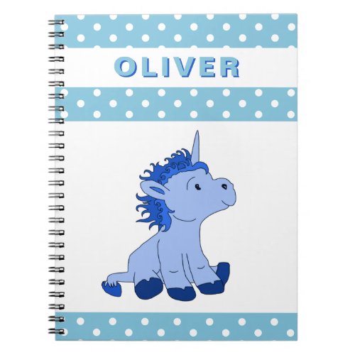 Cute Blue Unicorn Polka Dot Pattern Kids Name Notebook