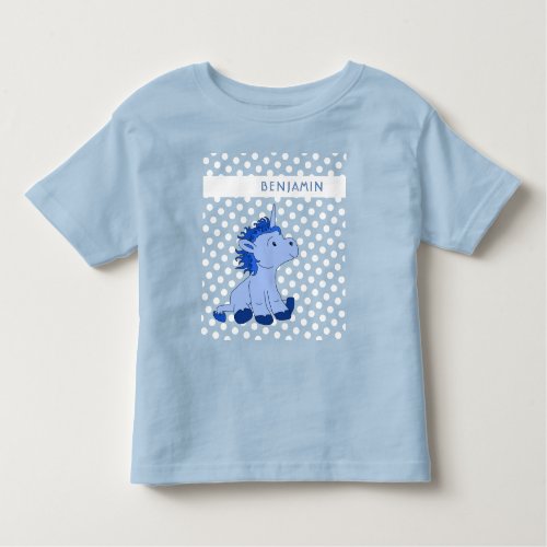 Cute Blue Unicorn Polka Dot Pattern Kids Name Toddler T_shirt