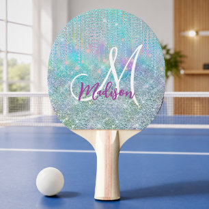 Cute blue unicorn rhinestones Drips monogram Ping Pong Paddle