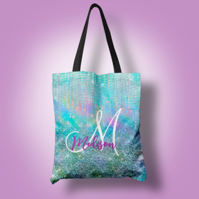 Cute blue unicorn rhinestones Drips monogram Tote Bag (Creator Uploaded)
