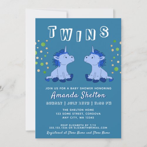 Cute Blue Unicorn Twins 2 Boys Baby Shower Invitation