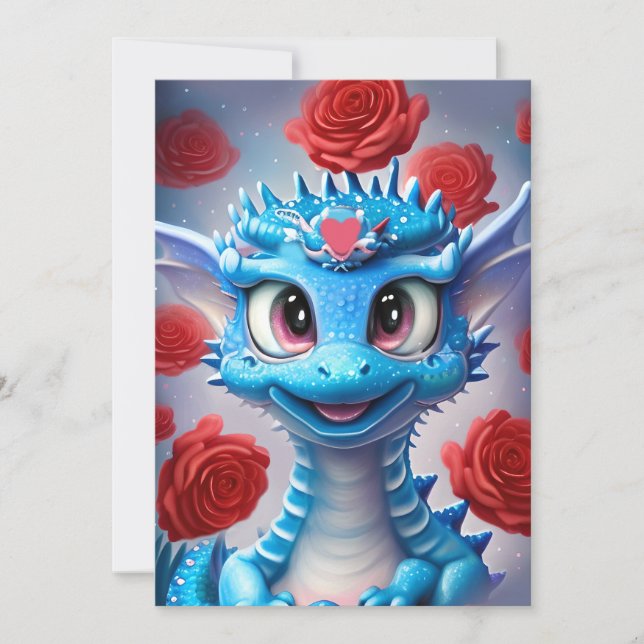 Cute Blue Valentine Love Dragon  Holiday Card (Front)