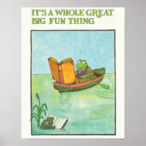 Cute Blue Vintage Frog and Fish Reading Poster