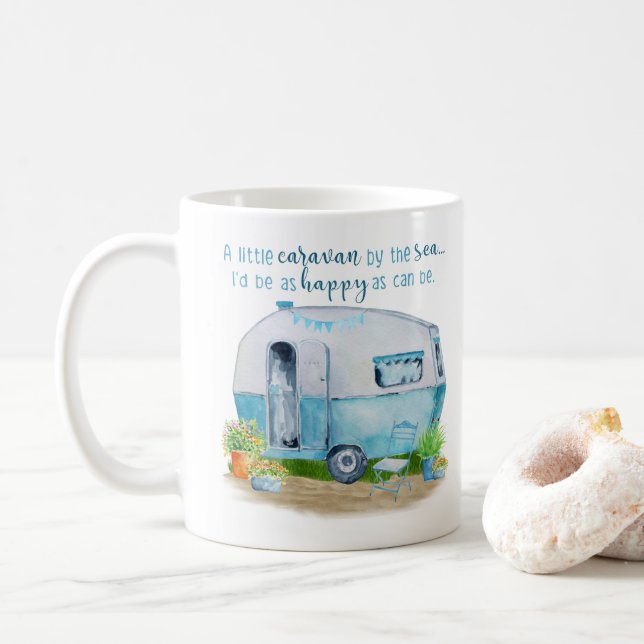Cute Blue Vintage Retro Camper Caravan Coffee Mug (With Donut)