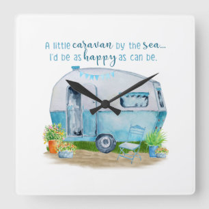 Cute Blue Vintage Retro Camper Caravan Square Wall Clock