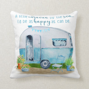 Cute Blue Vintage Retro Camper Caravan Throw Pillow