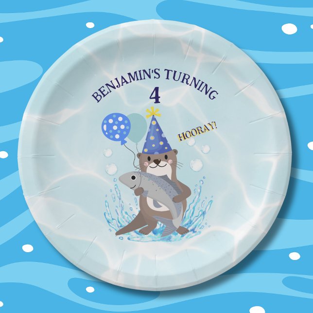 Cute Blue Water Boy Sea Otter Birthday Party Paper Plates (Creator Uploaded)