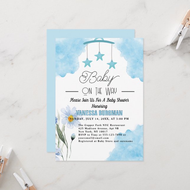Cute blue watercolor and flower baby shower invitation (Front/Back In Situ)
