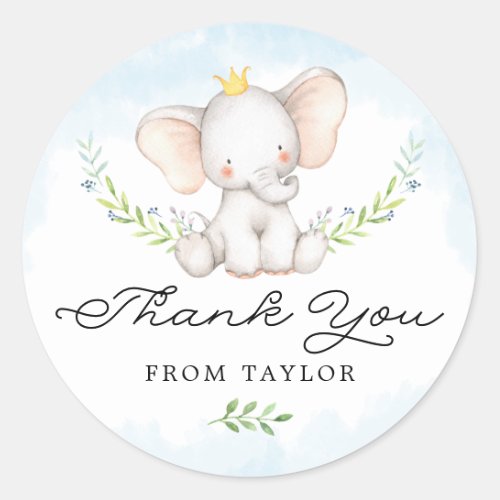 Cute Blue Watercolor Baby Elephant Thank You Classic Round Sticker