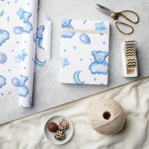 Cute Blue Watercolor Balloon Baby Boy Bear Pattern Wrapping Paper