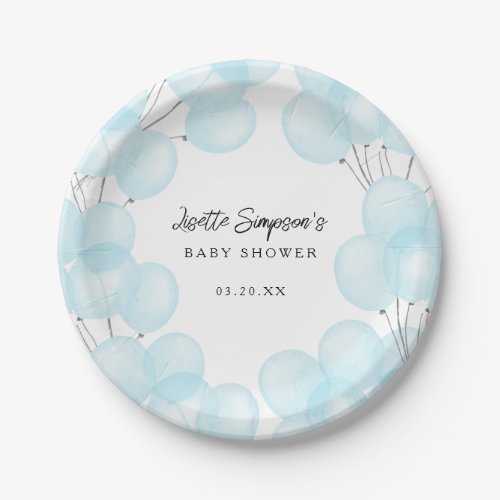 Cute Blue Watercolor Balloons Baby Shower Paper Plates