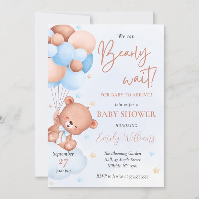 Cute Blue Watercolor Bear Balloons Baby Shower Invitation (Front)