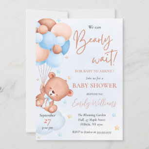 Cute Blue Watercolor Bear Balloons Baby Shower Invitation