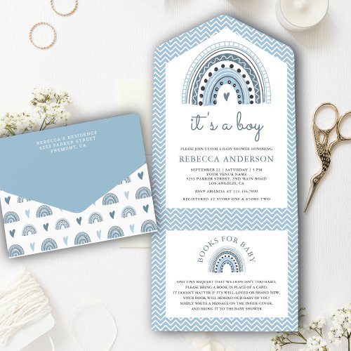 Cute Blue Watercolor Boho Rainbow Baby Shower All In One Invitation