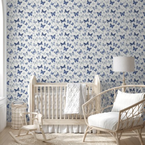 Cute Blue watercolor Butterfly Nursery Kids Room Wallpaper