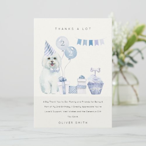 Cute Blue Watercolor Dog Any Age Birthday Party Thank You Card