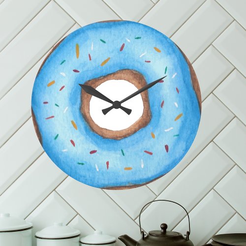 Cute Blue Watercolor Donut Large Clock