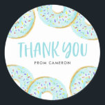 Cute Blue Watercolor Donuts Birthday Thank You Classic Round Sticker<br><div class="desc">Send thanks to guests for being part of your event with this customizable thank you sticker. It features watercolor blue donuts with colorful sprinkles. This blue donut sticker is perfect for baby showers and kids birthday parties. Personalize by adding a name. Other colors are available.</div>