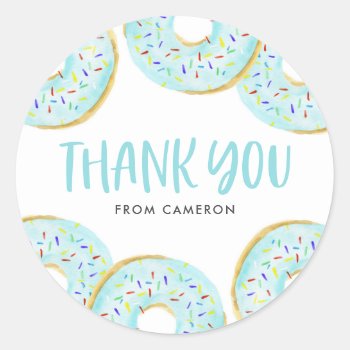 Cute Blue Watercolor Donuts Birthday Thank You Classic Round Sticker by misstallulah at Zazzle