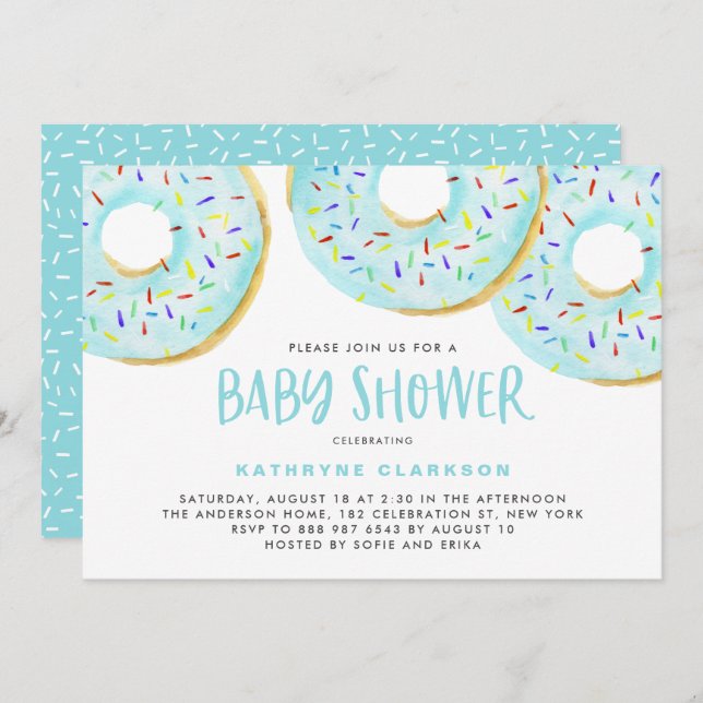 Cute Blue Watercolor Donuts Boy Baby Shower Invitation (Front/Back)