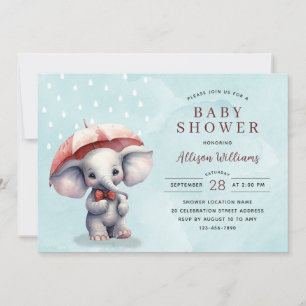 Cute Blue Watercolor Elephant Boy Baby Shower Invitation
