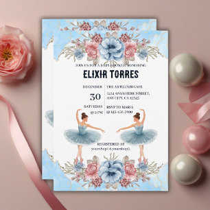 Cute Blue Watercolor Floral Ballerina Baby Shower Invitation