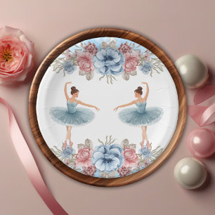 Cute Blue Watercolor Floral Ballerina Baby Shower Paper Plates