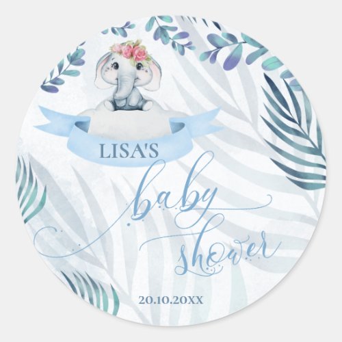 Cute Blue Watercolor Greenery Elephant Baby Shower Classic Round Sticker