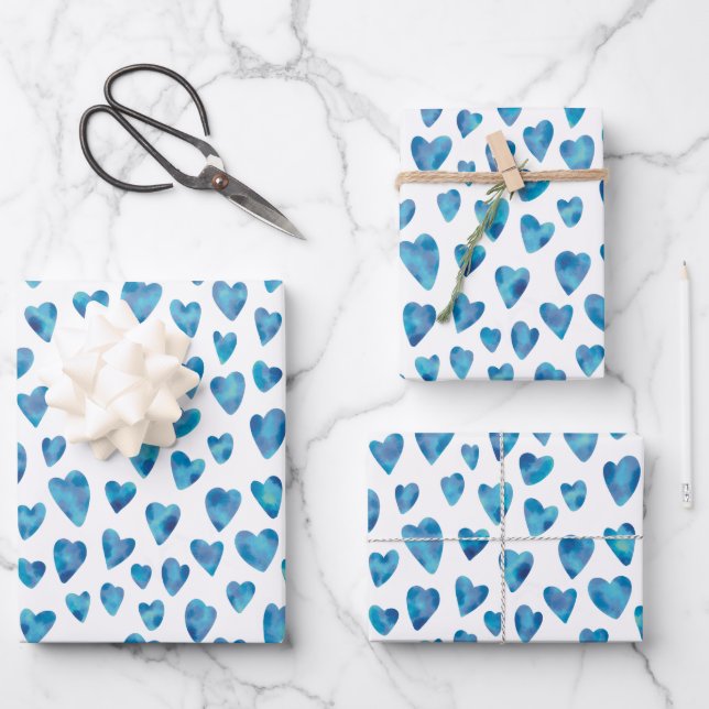 Cute blue watercolor love heart pattern wrapping paper sheets (Front)