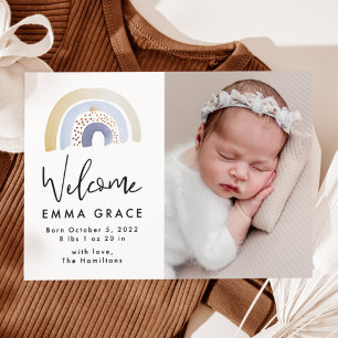 Cute Blue Watercolor Rainbow Birth Announcement