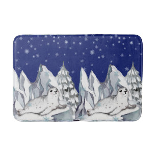 Cute Blue Watercolor Seal Pine Trees Snowflakes Bath Mat