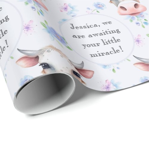 Cute Blue Watercolor Style Cow Farm Animal Text Wrapping Paper