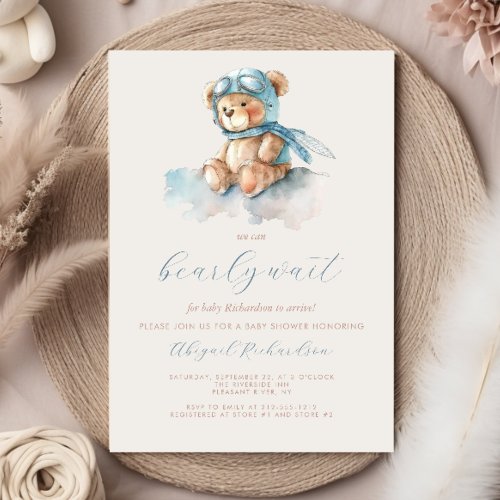 Cute Blue Watercolor Teddy Bear Boy Baby Shower Invitation