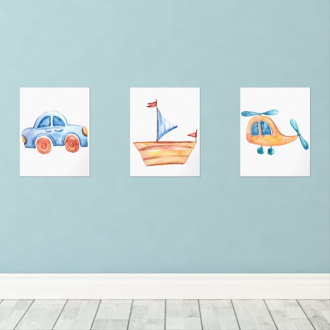 Cute Blue Watercolor Travel Nursery  Wall Art Sets (Wood Floor)