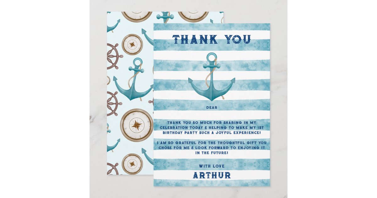 Cute Blue Watercolour Nautical Sailor Anchor Thank You Card | Zazzle