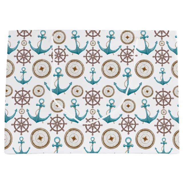 Cute Blue Watercolour Nautical Sailor Pattern Large Gift Bag (Front)