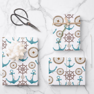 Cute Blue Watercolour Nautical Sailor Pattern Wrapping Paper Sheets
