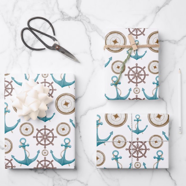 Cute Blue Watercolour Nautical Sailor Pattern Wrapping Paper Sheets (Front)