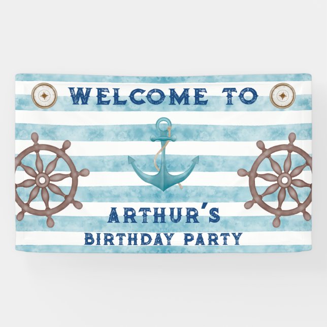 Cute Blue Watercolour Nautical Sailor Welcome Banner (Horizontal)