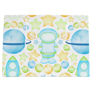 Cute Blue Watercolour Space Astronauts Birthday Large Gift Bag