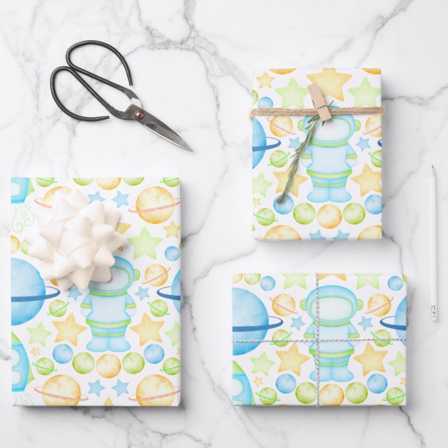 Cute Blue Watercolour Space Astronauts Birthday Wrapping Paper Sheets (Front)