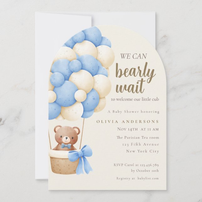 Cute Blue We can Bearly Wait Baby Shower Invitation (Front)