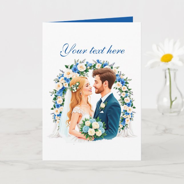 Cute blue wedding couple customizable  card (Small Plant)