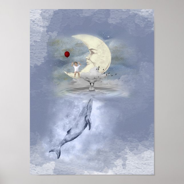 Cute Blue Whale and happy child on Moon Fantasy Poster (Front)