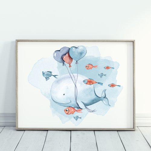 Cute Blue Whale Balloons Fish Watercolor Poster