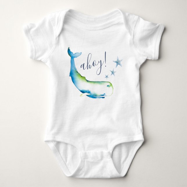 Cute Blue Whale Beach Boy Baby Bodysuit (Front)