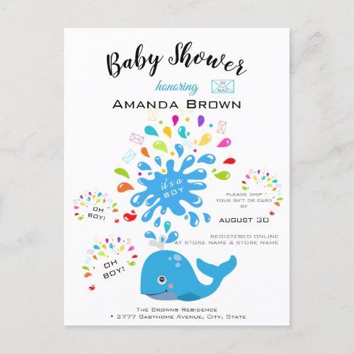 Cute Blue Whale Colorful Boy Baby Shower By Mail Invitation Postcard
