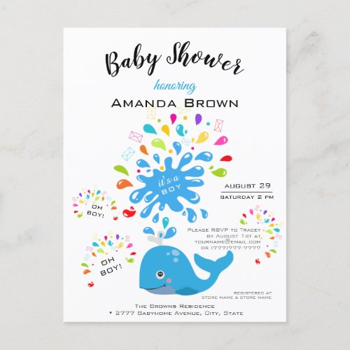 Cute Blue Whale Colorful Boy Baby Shower Invitation Postcard