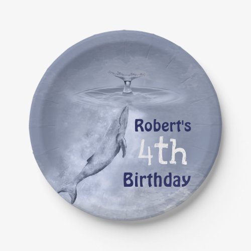 Cute Blue Whale Fourth 4th Birthday Paper Plates