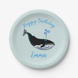 Cute Blue WHALE - Nature - Aqua party Paper Plates